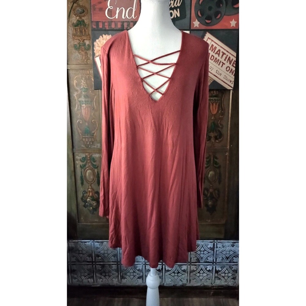Jodifl Women's Red Long Sleeve V-Neck  Solid Pullover Tunic Top/Dress sz S
